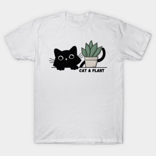 Cute black kitten and green plant - cat & plant T-Shirt